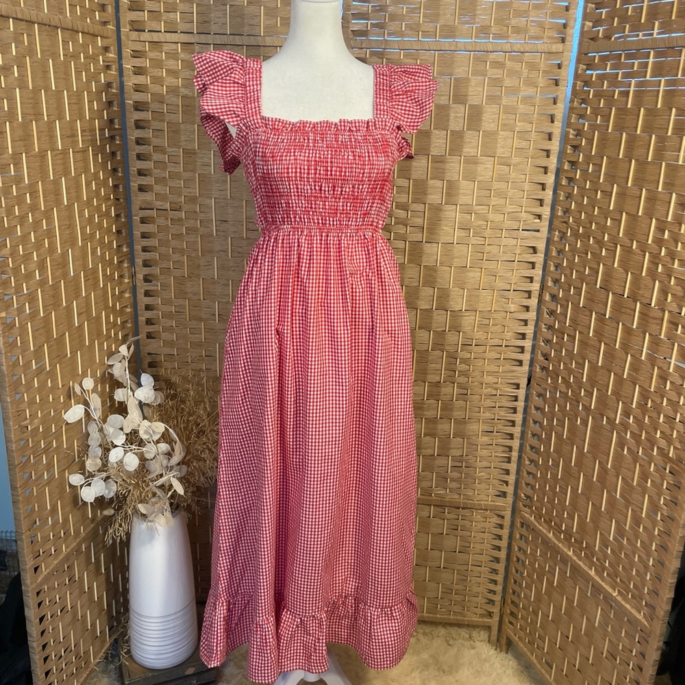 Red Gingham Maxi Dress with Ruffle Sleeves